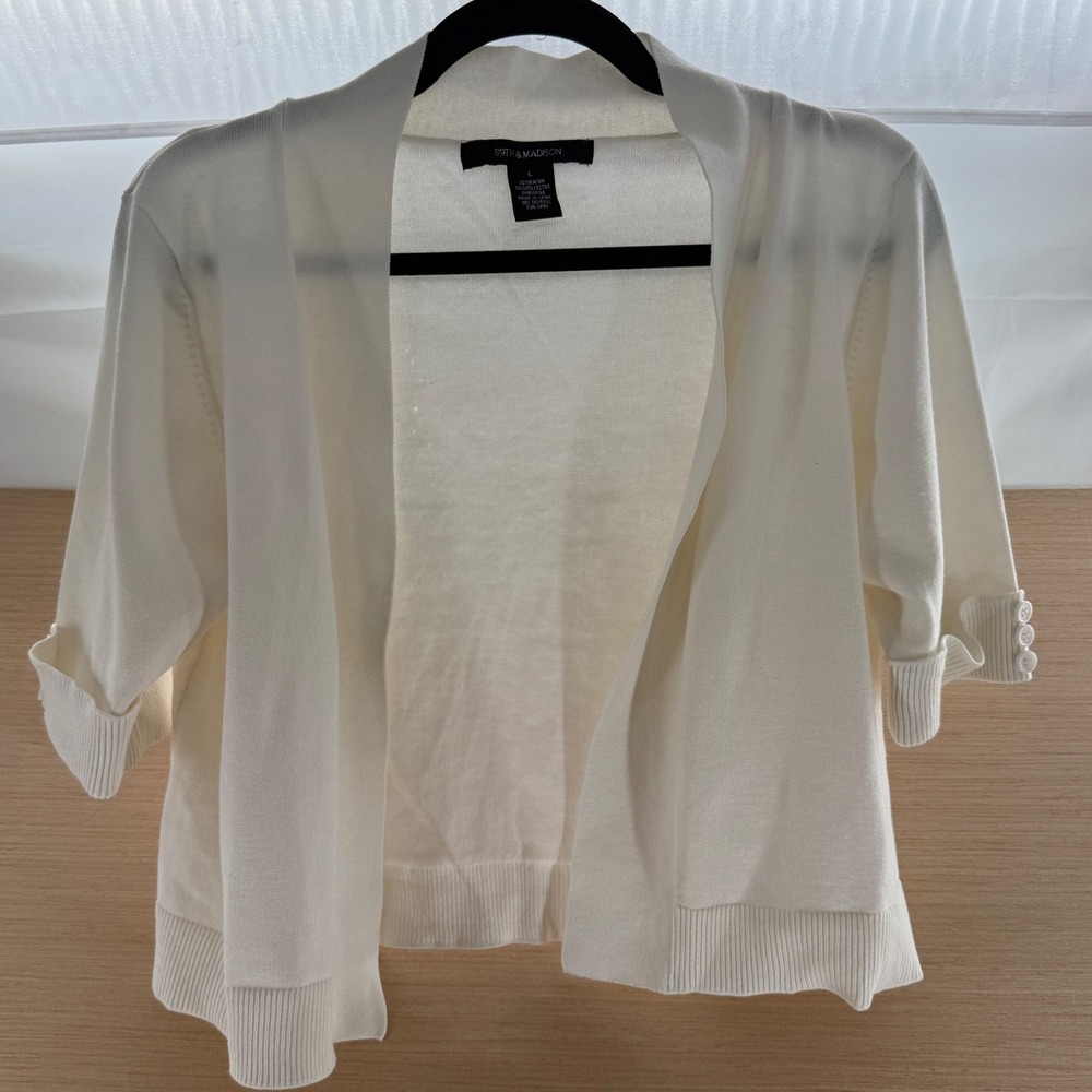 89th & Madison Womens Cropped Open Front Shawl Collared Cream Sweater Large
